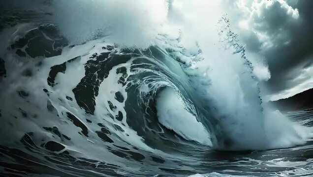 A massive ocean wave crashes with powerful force, showcasing swirling water, dark shades, and turbulent foam against a dramatic sky for environment.	
