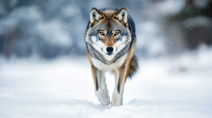Obraz premium Majestic gray wolf walking through fresh snow, winter wildlife portrait, natural habitat, predator animal, powerful and beautiful wildlife scene.