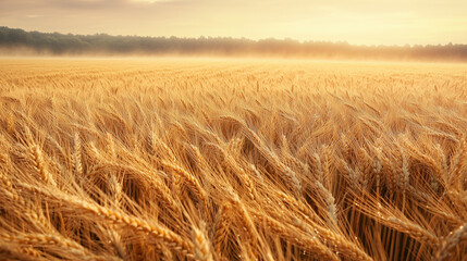 Expansive golden wheat field with serene skies during sunset