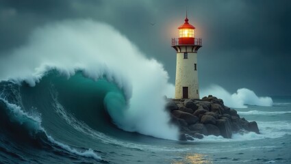 Dramatic Lighthouse with Crashing Waves During a Storm Ocean Seascape