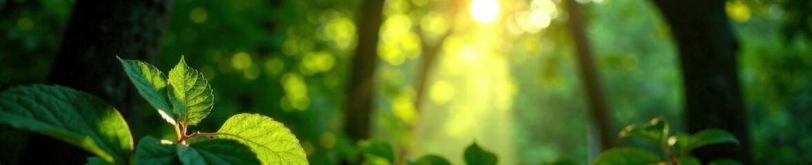 Obraz premium Dense foliage with sunlit gaps, soft light filtering through leaves, misty atmosphere, natural light, serene landscape