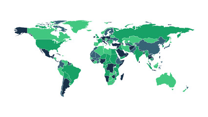 World map vector with green and blue isolated on white background. Modern grey vector world map. Silhouette map
