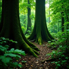 Dense foliage surrounds ancient tree trunks in Southeast Asian jungle , vines, forest