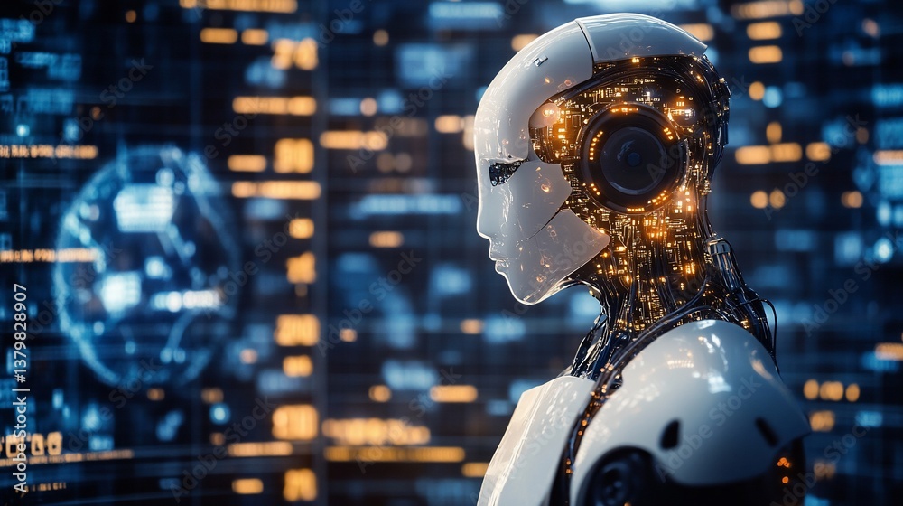 Aufkleber futuristic robot with intricate internal electronics staring into data stream
