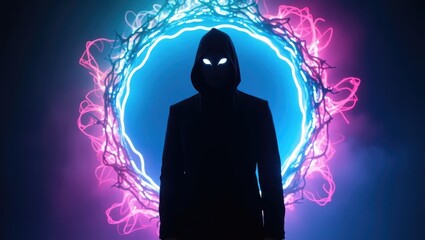 Mysterious Hooded Figure in Neon Portal Cyberpunk Style Futuristic Sci Fi Glowing