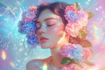 Naklejka premium A serene woman with closed eyes, adorned with pink and blue hydrangeas, bathed in soft, ethereal light.