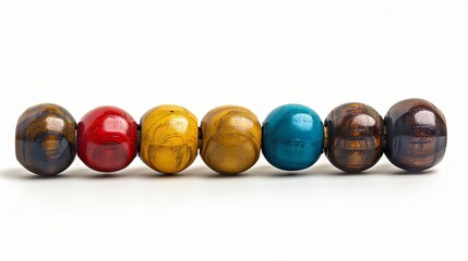 A wooden abacus with colorful beads, isolated on a white background.