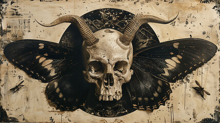 Fototapeta premium Mroczna ilustracja surrealistyczna – czaszka z rogami i skrzydłami ćmy w stylu barokowego vanitas. Detale w odcieniach złota i brązu, idealna do sztuki cyfrowej, tatuaży i okładek.
