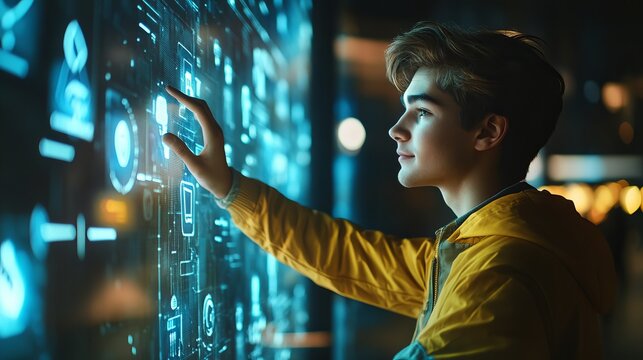 Young man interacting with futuristic holographic interface with blue glowing icons and yellow jacket
