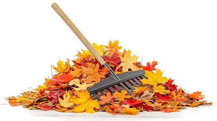 A wooden rake clipart leaning against a pile of colorful leaves, centered on a white background.