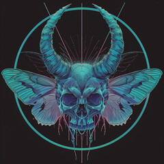 Neonowa ilustracja ćmy z czaszką, inspirowana cyberpunkiem i surrealizmem. Połączenie natury i mroku w futurystycznym stylu. Idealna do grafik koncepcyjnych, tatuaży, sztuki cyfrowej i designu.