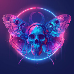 Neonowa ilustracja ćmy z czaszką, inspirowana cyberpunkiem i surrealizmem. Połączenie natury i mroku w futurystycznym stylu. Idealna do grafik koncepcyjnych, tatuaży, sztuki cyfrowej i designu.