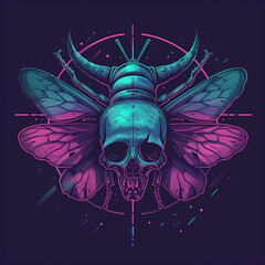 Neonowa ilustracja ćmy z czaszką, inspirowana cyberpunkiem i surrealizmem. Połączenie natury i mroku w futurystycznym stylu. Idealna do grafik koncepcyjnych, tatuaży, sztuki cyfrowej i designu.