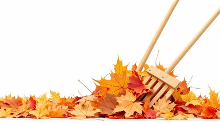 A wooden rake clipart leaning against a pile of colorful leaves, centered on a white background.