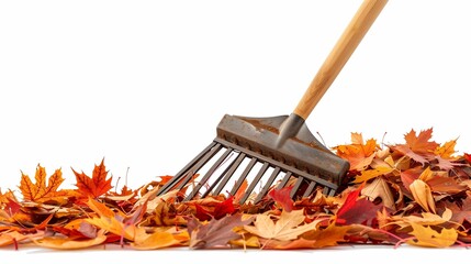 A wooden rake clipart leaning against a pile of colorful leaves, centered on a white background.