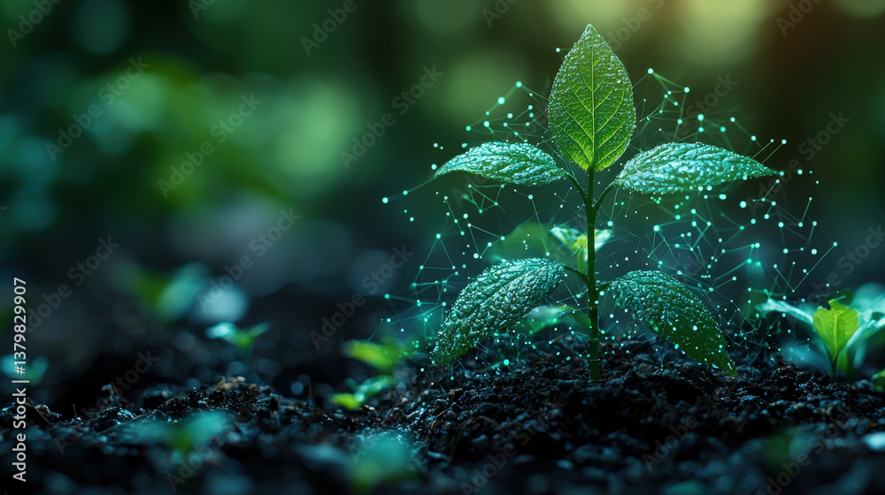 Poster bright green plant sprouting from earth, surrounded by digital network pattern, symbolizes growth an
