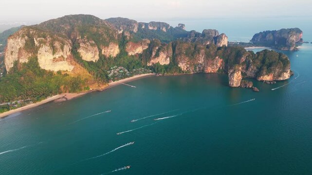 Drone establishing view of Ao Nang Thailand, beach Krabi, famous natural paradisaical travel spot