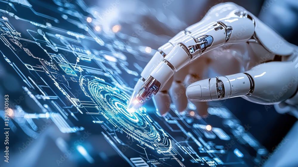 Aufkleber robotic hand interacts with digital interface, showcasing advanced technology and innovation. scene highlights futuristic design and integration of artificial intelligence in modern systems