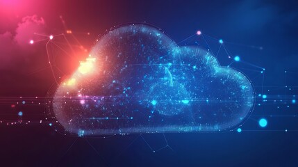 Digital cloud with connecting lines and glowing particles on a blue and red gradient background
