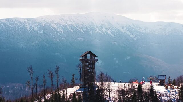 Aerial of Viewing Tower on top of the Hill, Ski Area, Babia Gora in the Background