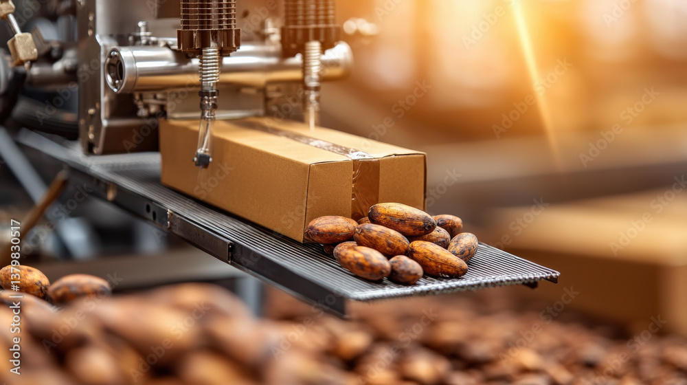 Poster close up of cocoa beans being processed using high tech machinery, with focus on packaging. scene captures industrial setting and precision of modern food processing