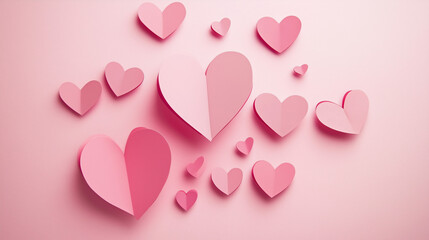 Paper hearts in various sizes on a pink background  
