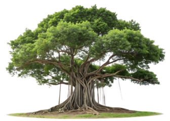 Majestic Banyan Tree with Expansive Canopy and Aerial Roots, Isolated on White Background