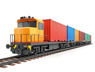 Obraz premium Freight Train on Tracks: A vibrant freight train carries colorful cargo containers along railway tracks, symbolizing the movement of goods and the efficiency of transport.
