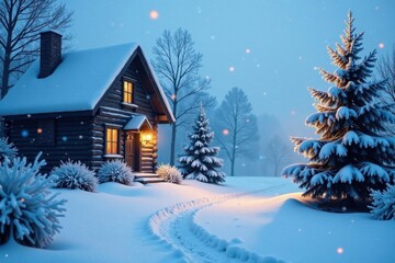 Frosty blue winter scene with snowflakes gently falling on a quiet house, winter wonderland, blue, peaceful