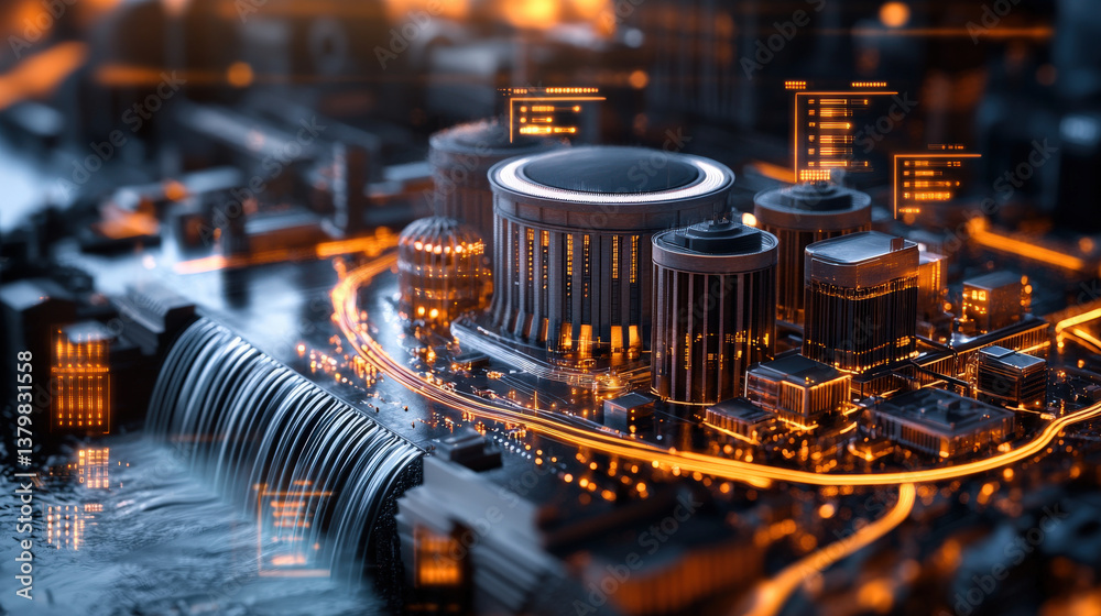 Poster futuristic hydroelectric plant at night with powerful lights illuminates cityscape, showcasing moder
