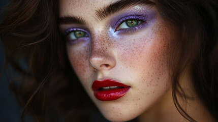 Close-up portrait of a young woman with delicate freckles and a soft melancholic expression