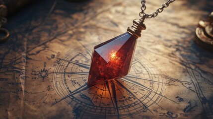 Ancient red crystal amulet on antique map