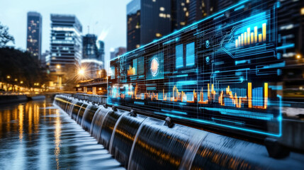 futuristic hydroelectric facility at night with illuminated digital displays showcasing data analytics, set against cityscape background. scene is vibrant and technologically advanced