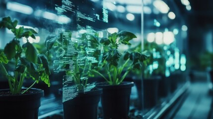 AI-powered smart farming hydroponic vegetables in a futuristic greenhouse with digital data projections.
