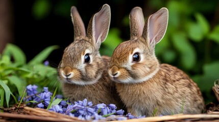 Fototapeta premium Rabbits Among Bluebells for Easter Decoration and Spring Celebration