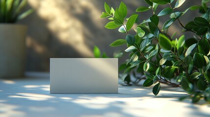 Blank business card mockup, sunlight, greenery, concrete backdrop