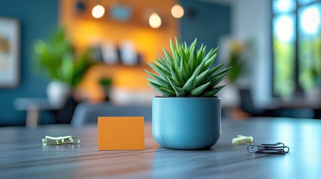 Modern office plant, orange note, blurred background,  home office