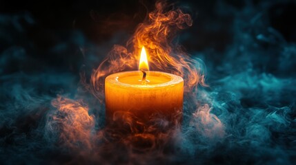 Fototapeta premium Single candle flame, smoke, dark background, spiritual ambiance