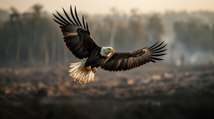 Obraz premium majestic eagle soars through misty forest, highlighting impact of global warming on animal habitats