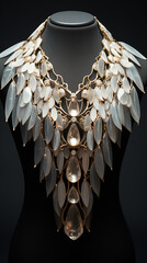 dramatic gold, white gold,elegant, crystal quartz, pearl, human angel featured collar style necklace