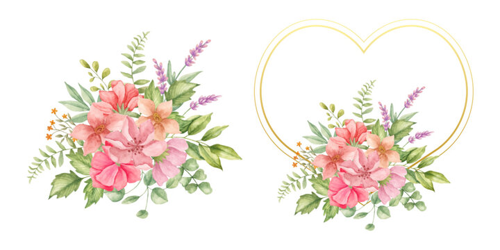 Hand-painted watercolor floral heart shape Valentine frame - Powered by Adobe
