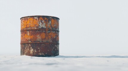Obraz premium Rusty barrel sits alone on snow-covered landscape in a desolate winter environment