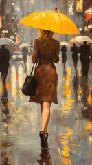 Elegant woman in an oil painting, wearing a brown dress and black handbag, walking through the rain with a bright yellow umbrella