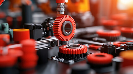 robotic arm precisely assembles red gears in advanced manufacturing setting, showcasing automation and technology. scene is vibrant with focus on industrial efficiency