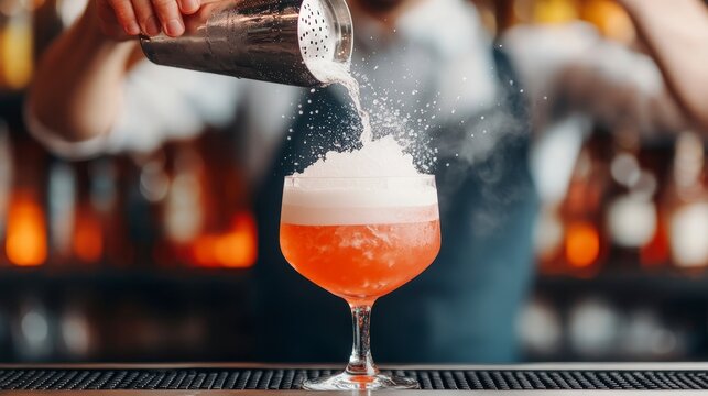Slow Motion Shot of Bartender Flipping Cocktail in Stylish Bar with Sparkling Effects