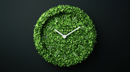 clock designed with lush green foliage, symbolizing nature and time, is set against dark background. clock hands are white, creating striking contrast with vibrant leaves, evoking sense of eco