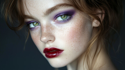 High-fashion editorial close-up of a young woman with piercing light-green eyes, bold purple eyeshadow, and deep red glossy lips