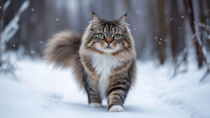 Winter&rsquo;s Guardian: Siberian Cat with Emerald Gaze in Frozen Forest, 4K