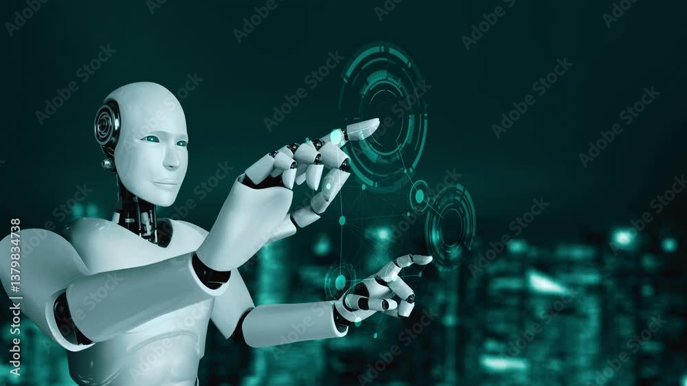 Poster ai robot huminoid uses cloud computing technology to store data on online server . futuristic concep