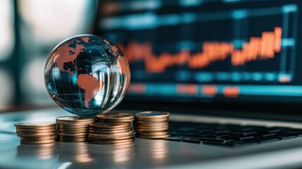 Economic power and global investment a glass globe sitting on financial coins, with a blurred laptop displaying charts.